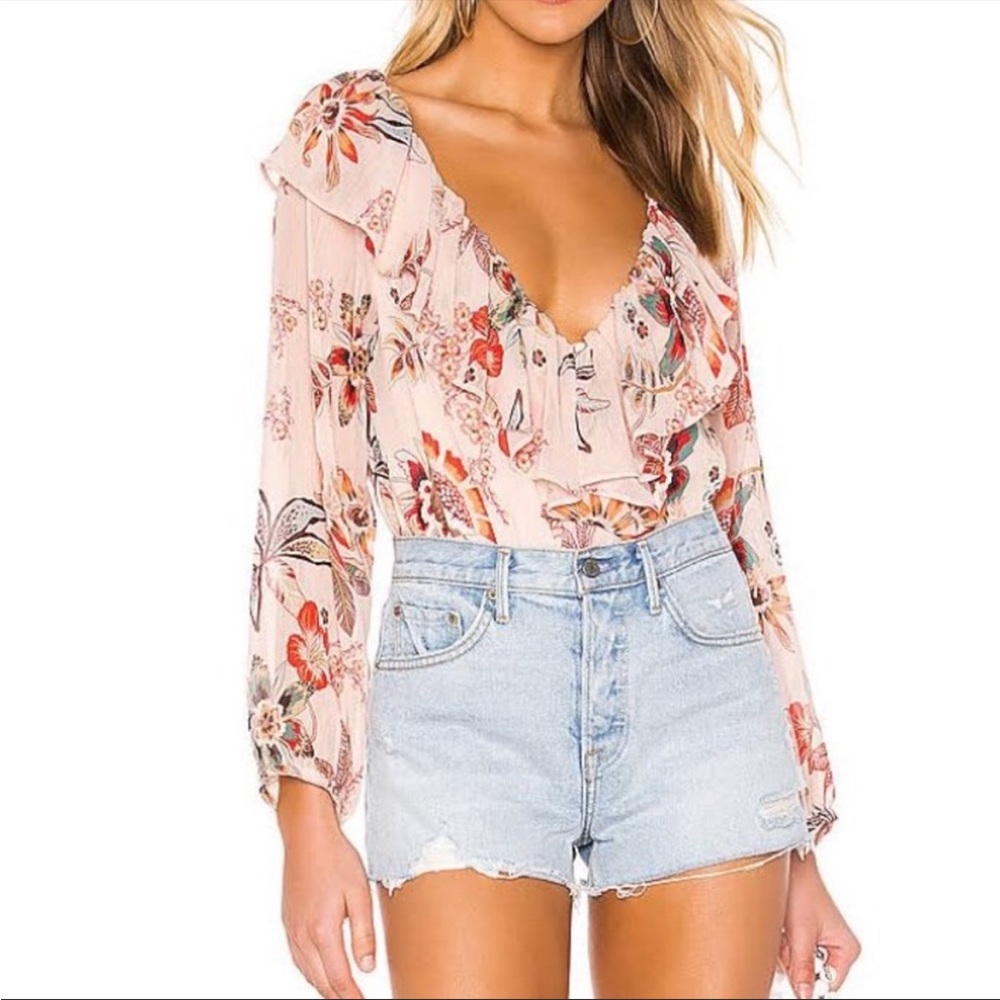 Anthropologie Sanctuary Pink Floral Blouse Long Sleeve Ruffle Peasant Top Small